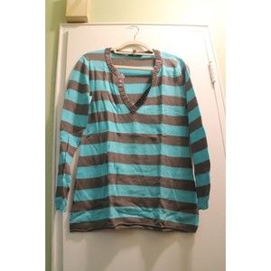 AUTUMN Woman 100% Pure Cashmere Sweater aqua Charcoal Striped M